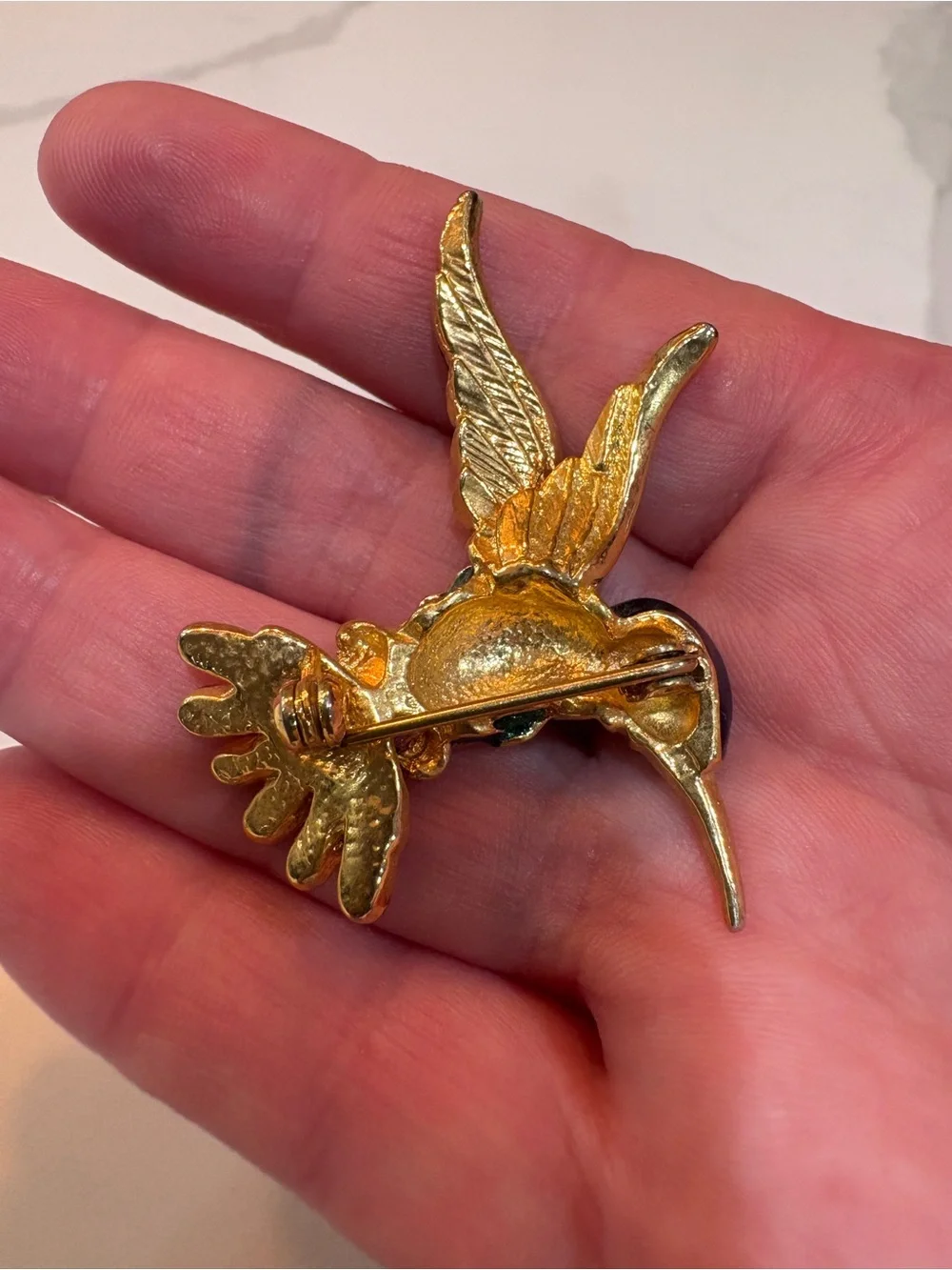 Gold-Tone Green & Blue Hummingbird Brooch - Elegant Bird Pin